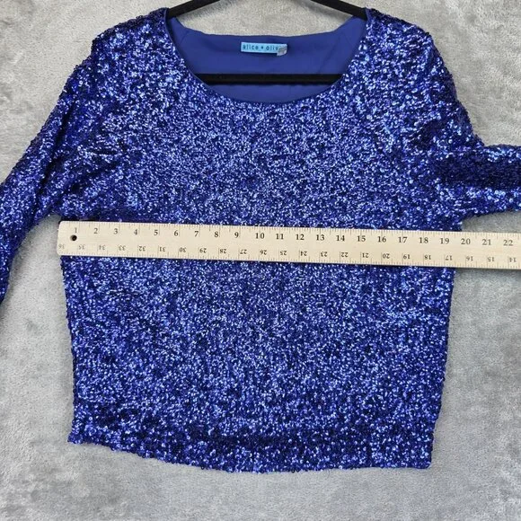 alice + olivia Shirt Womens Small Blue Sequin Silk Long Sleeve Top Party Dressy